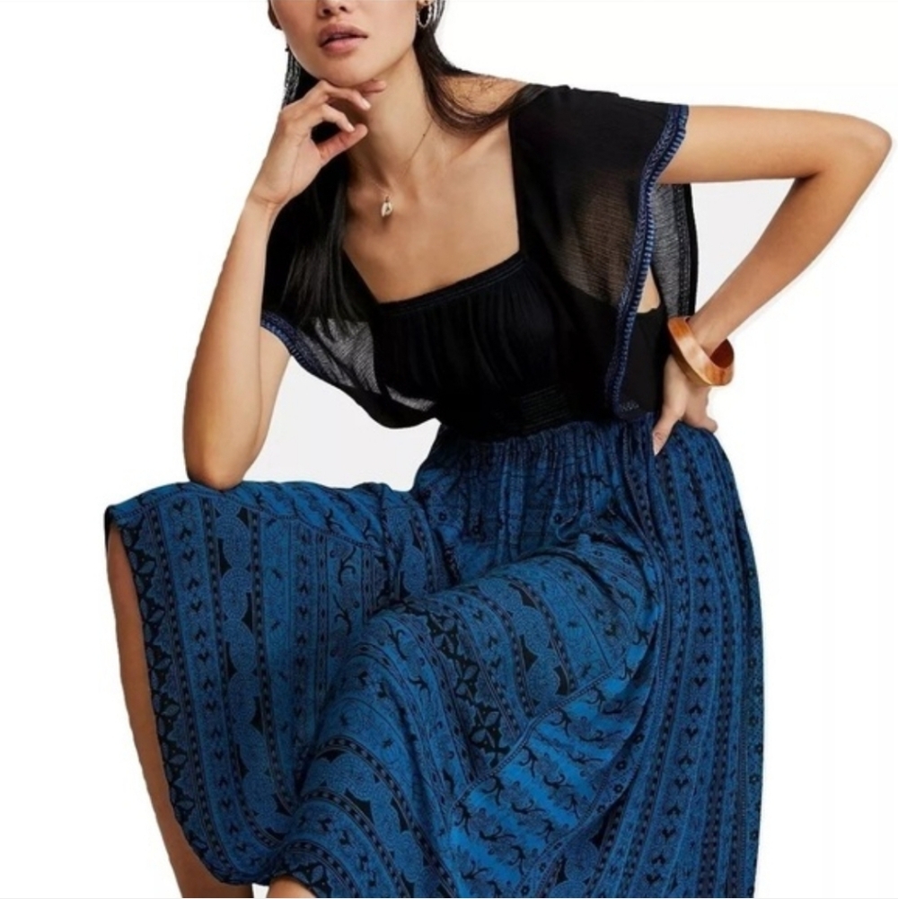 Free People In Search of Paradise A Line Printed Skirt Midi Dress L Blue/Black - Picture 3 of 15